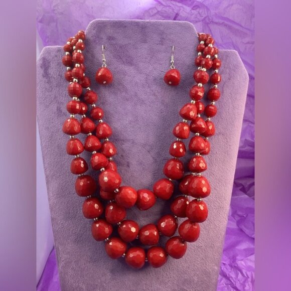 Ashley Stewart Bold Red Layered Necklace and Pierced Earrings set NWT - Picture 3 of 4